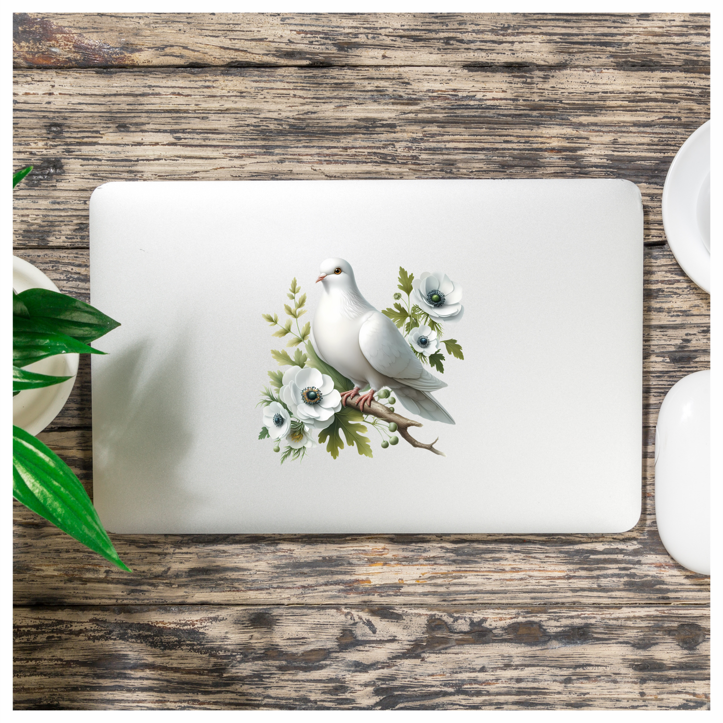 White Dove Bird Sitting With Flowers Vinyl Sticker Decal