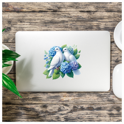 White Doves Birds With Blue Flowers Vinyl Sticker Decal
