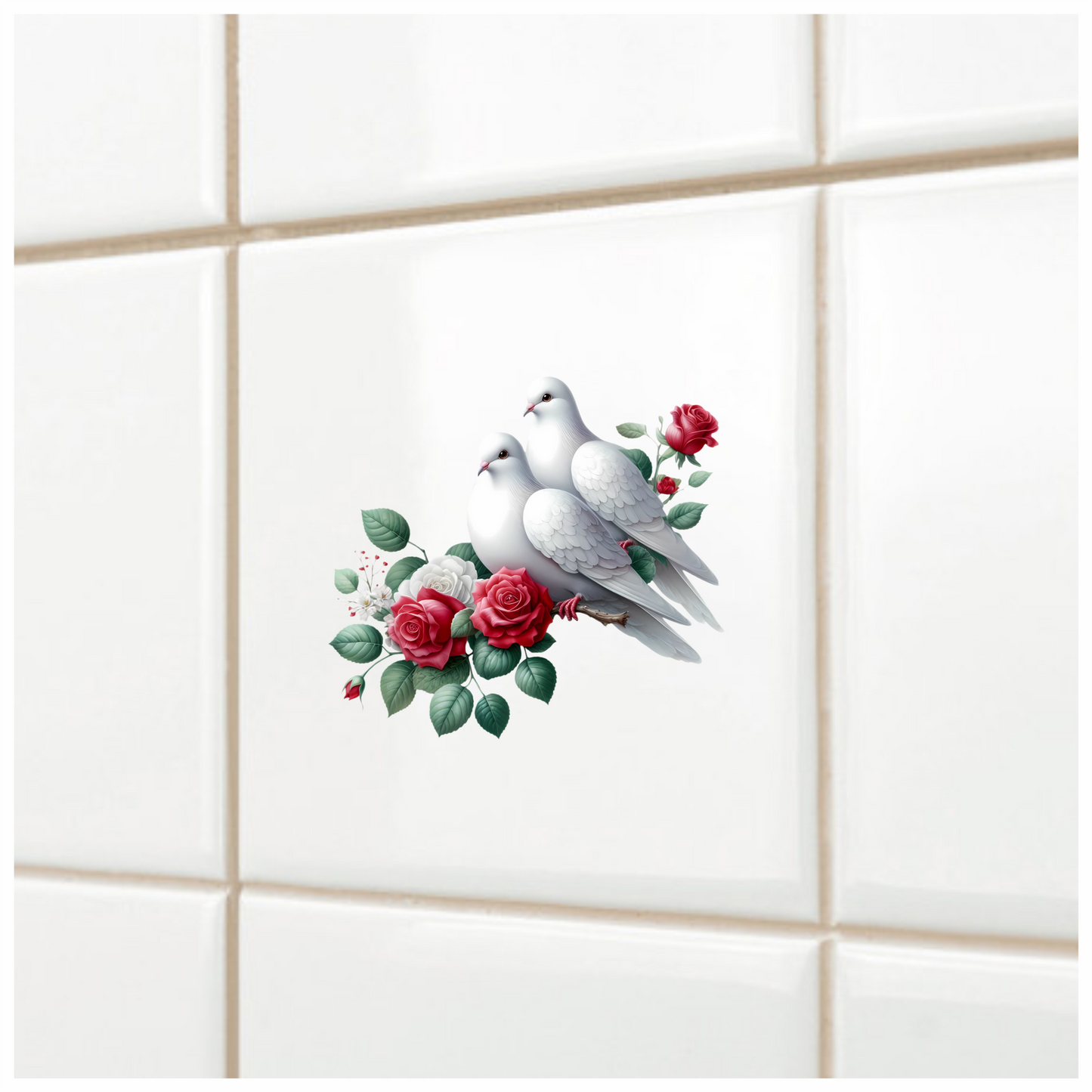 White Doves Birds With Red Roses Vinyl Sticker Decal