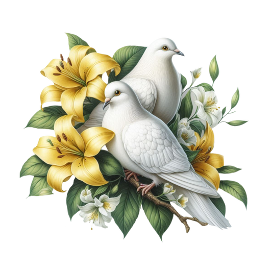 White Doves Yellow Lilies Green Leaves Vinyl Sticker Decal