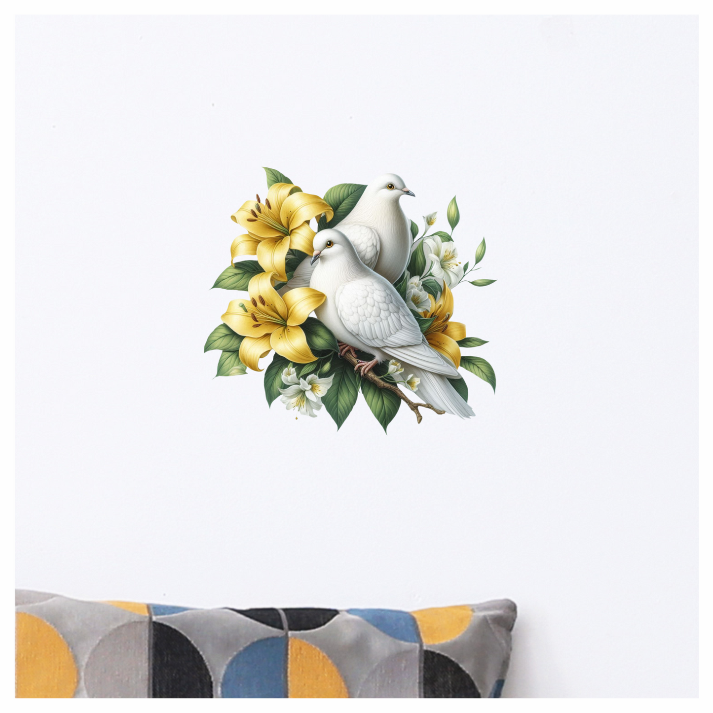 White Doves Yellow Lilies Green Leaves Vinyl Sticker Decal