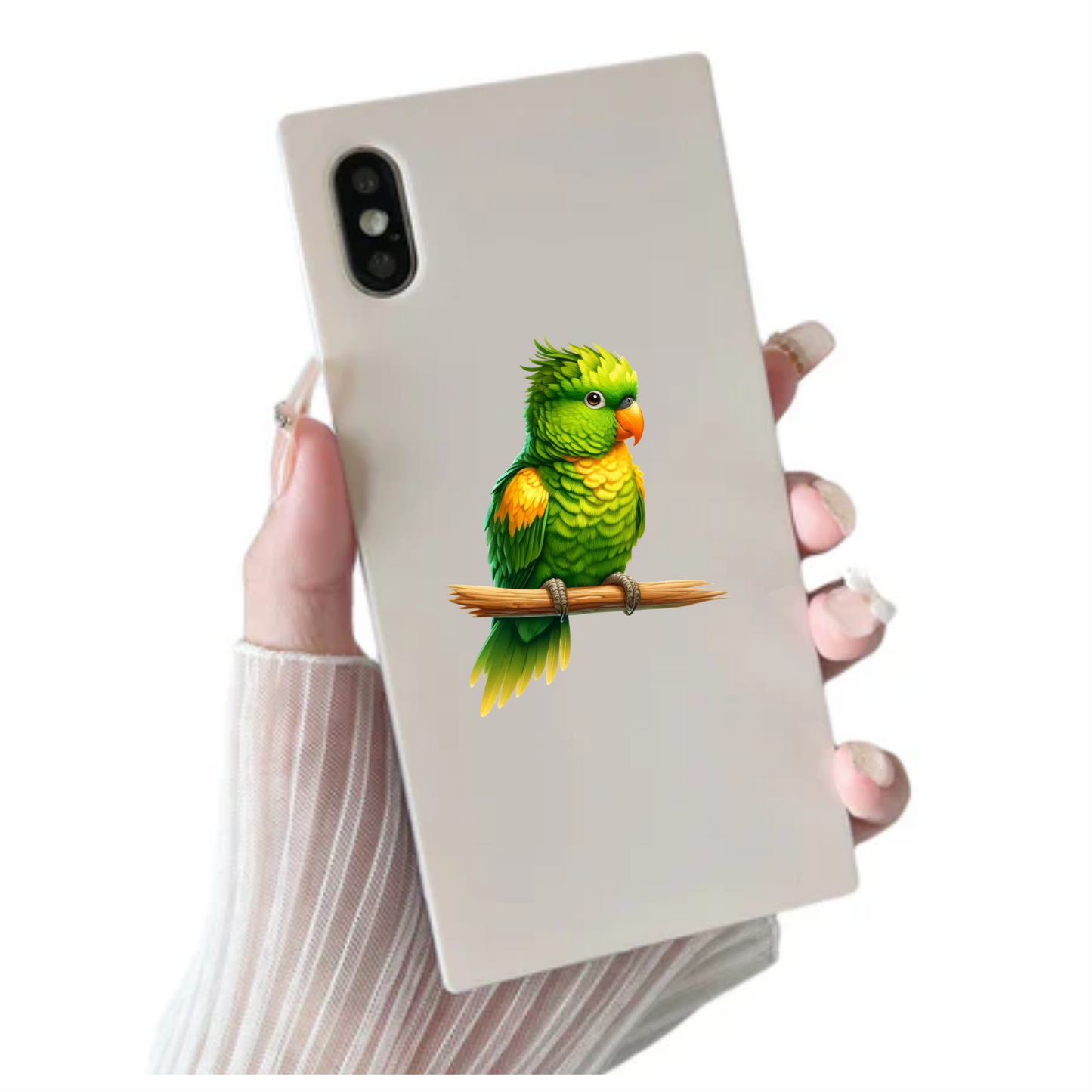 Green Parrot With Orange Beak Perched Vinyl Sticker Decal