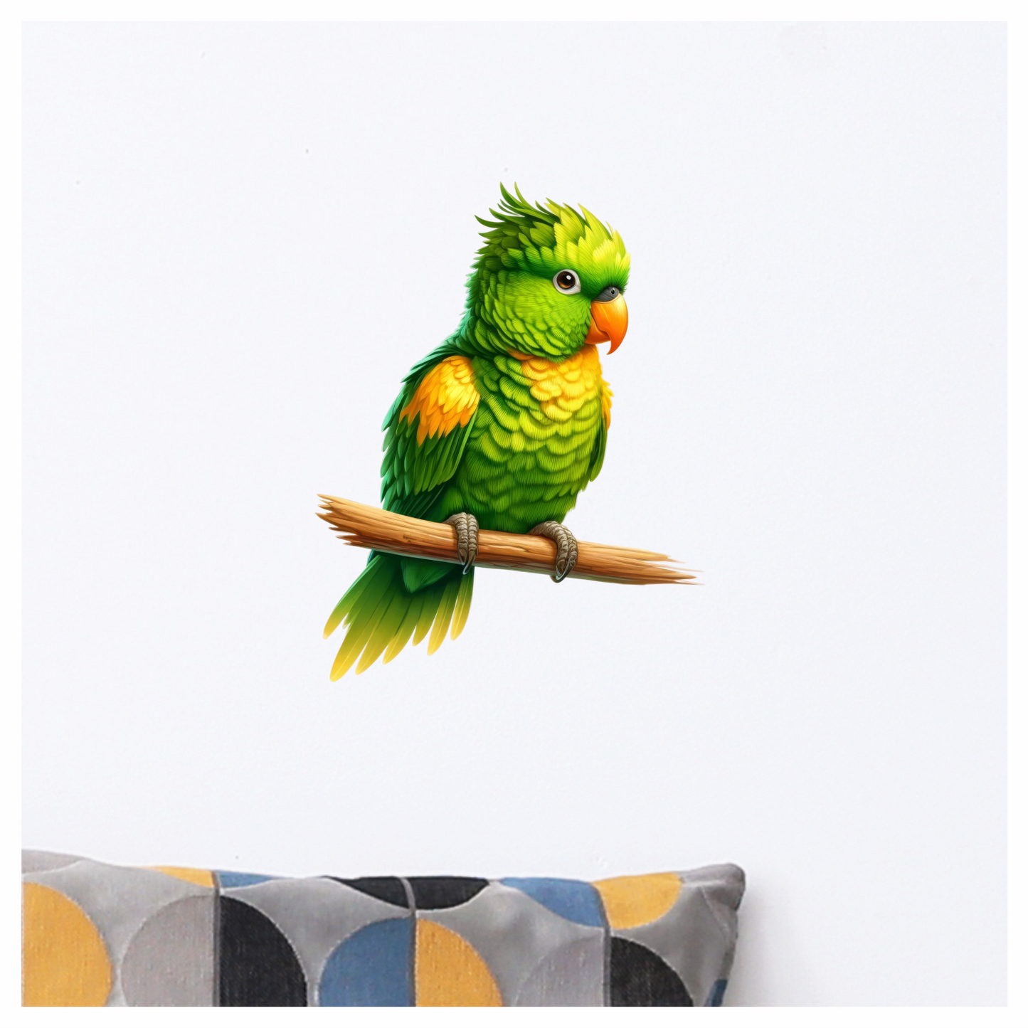 Green Parrot With Orange Beak Perched Vinyl Sticker Decal