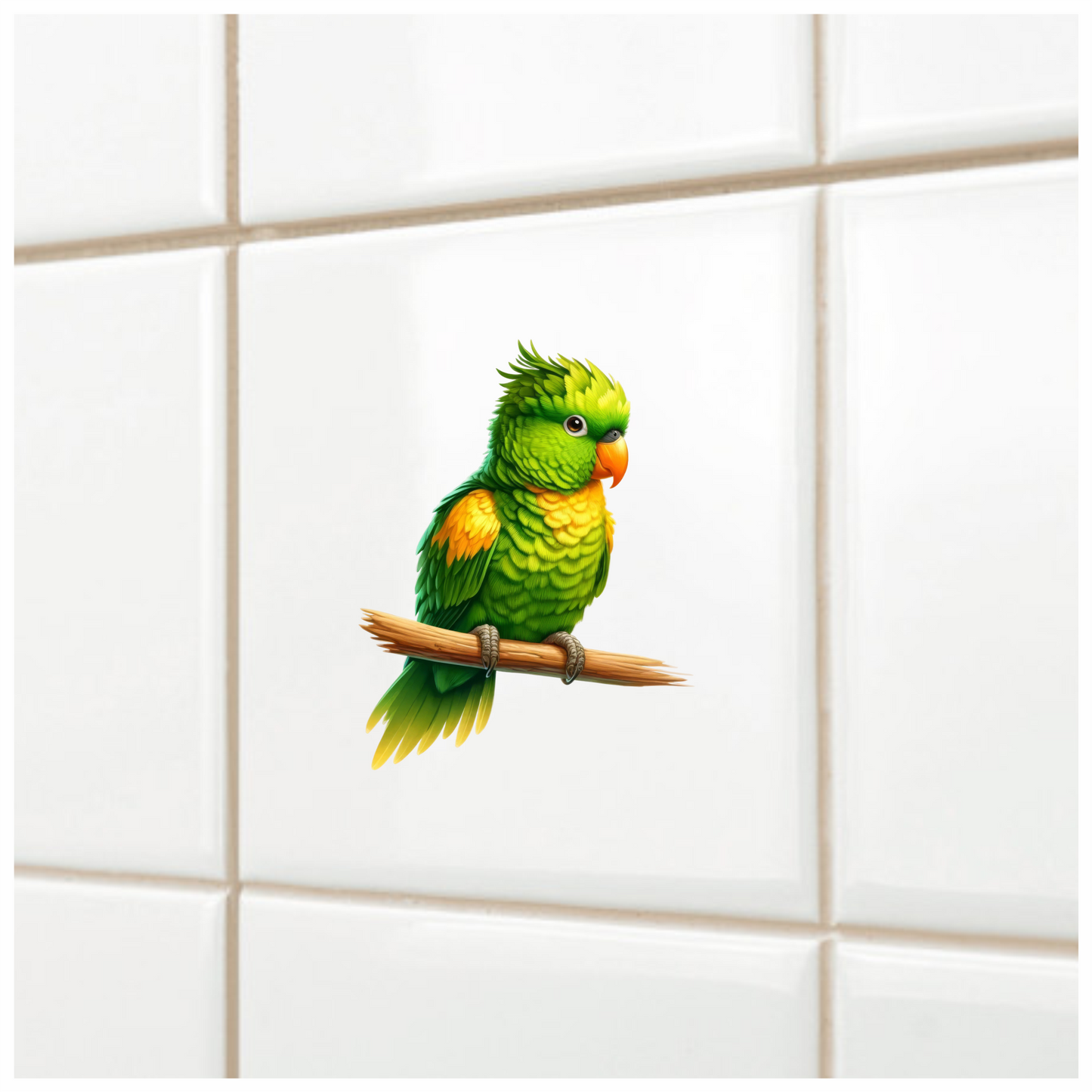 Green Parrot With Orange Beak Perched Vinyl Sticker Decal