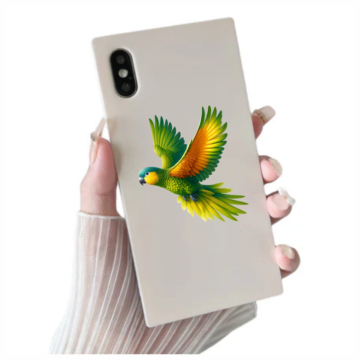 Green Parrot With Orange Wings Flying Vinyl Sticker Decal