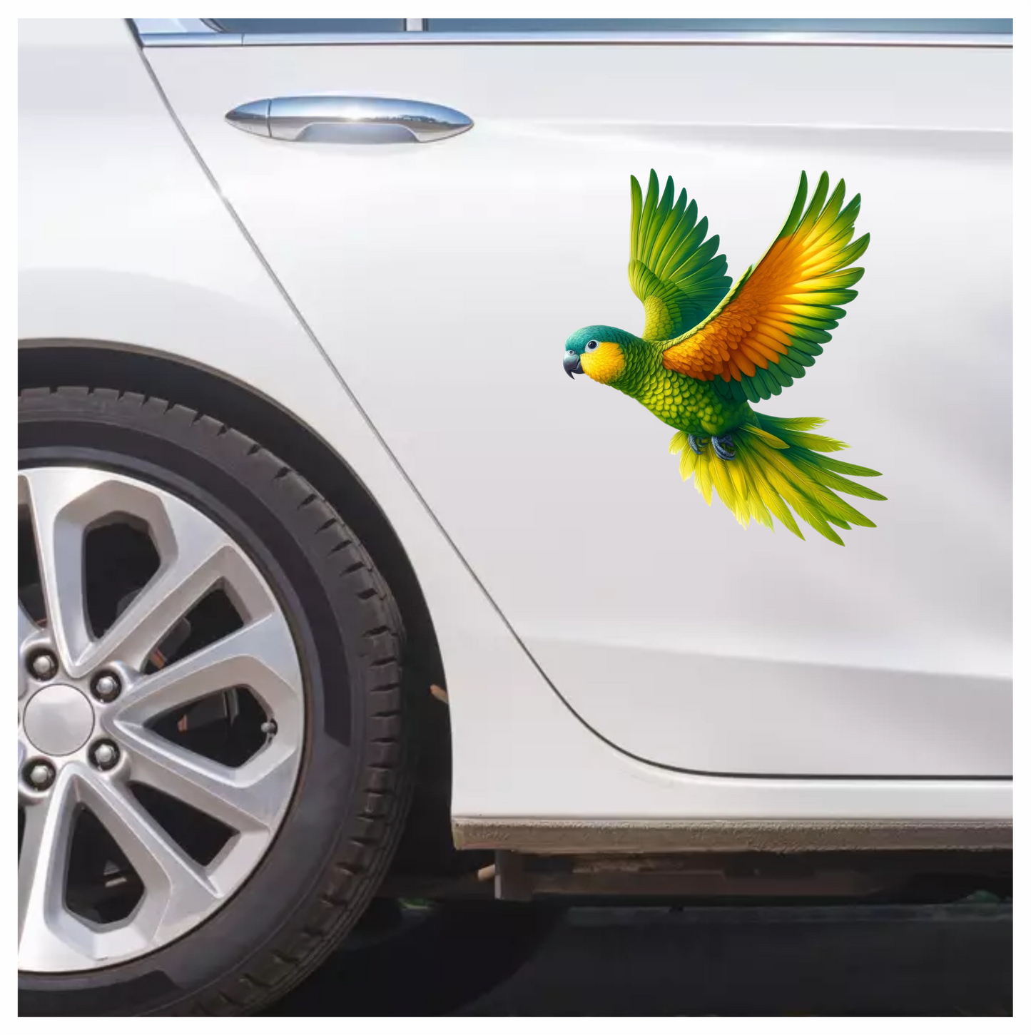 Green Parrot With Orange Wings Flying Vinyl Sticker Decal