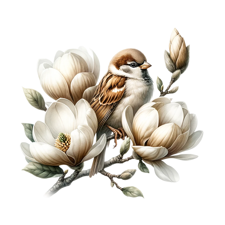 Brown Sparrow Bird With White Flowers Vinyl Sticker Decal