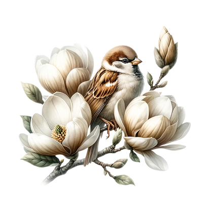 Brown Sparrow Bird With White Flowers Vinyl Sticker Decal