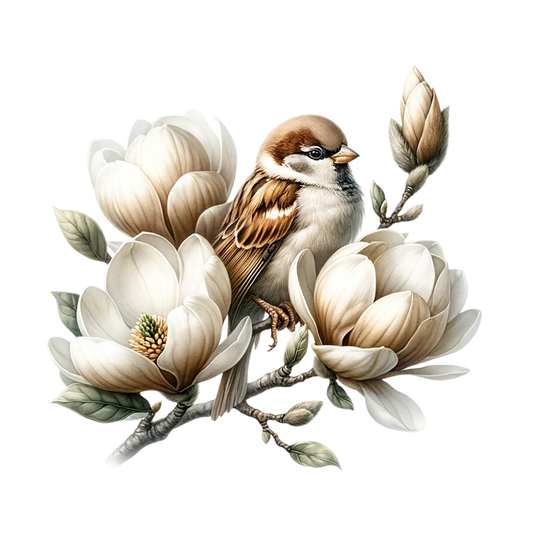 Brown Sparrow Bird With White Flowers Vinyl Sticker Decal