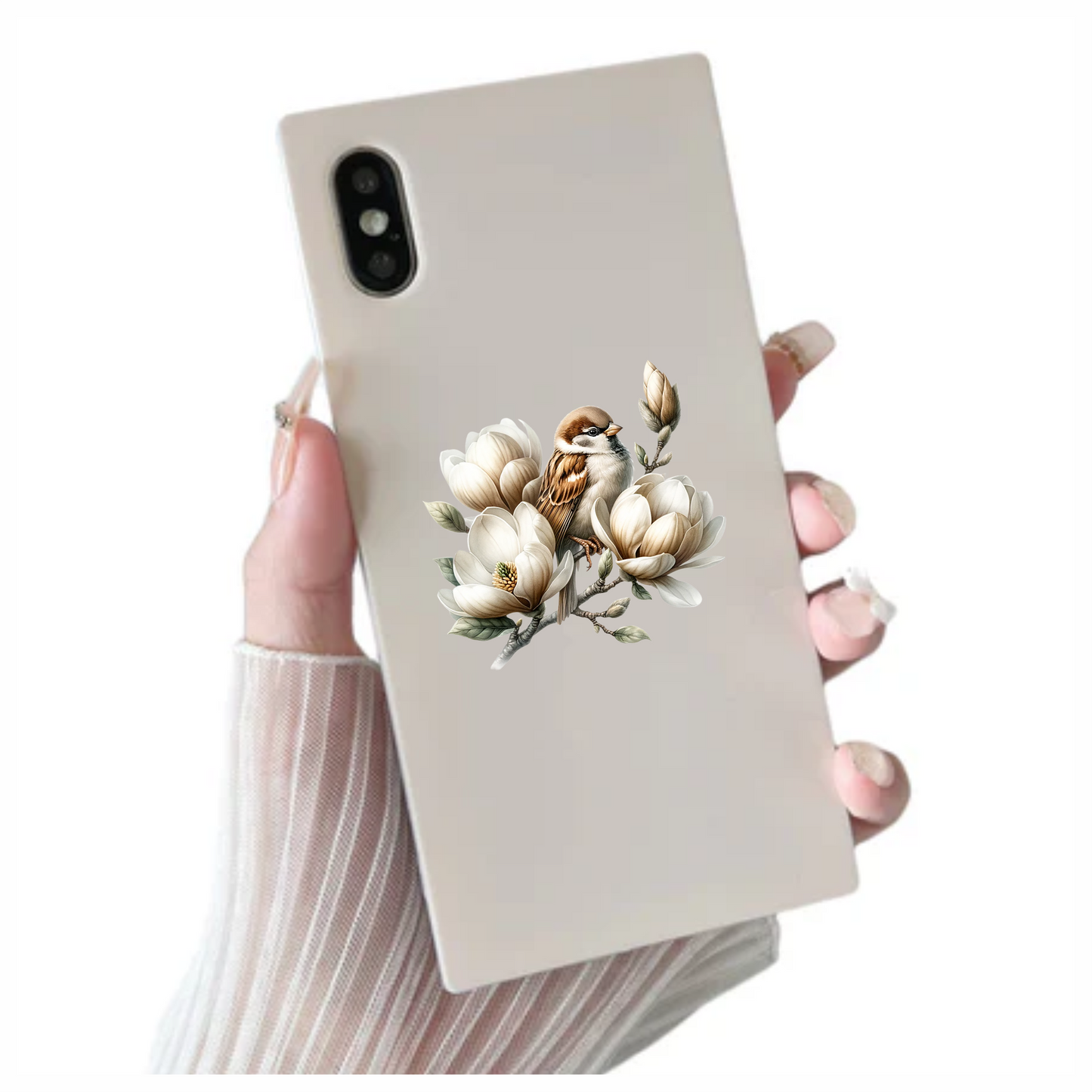 Brown Sparrow Bird With White Flowers Vinyl Sticker Decal