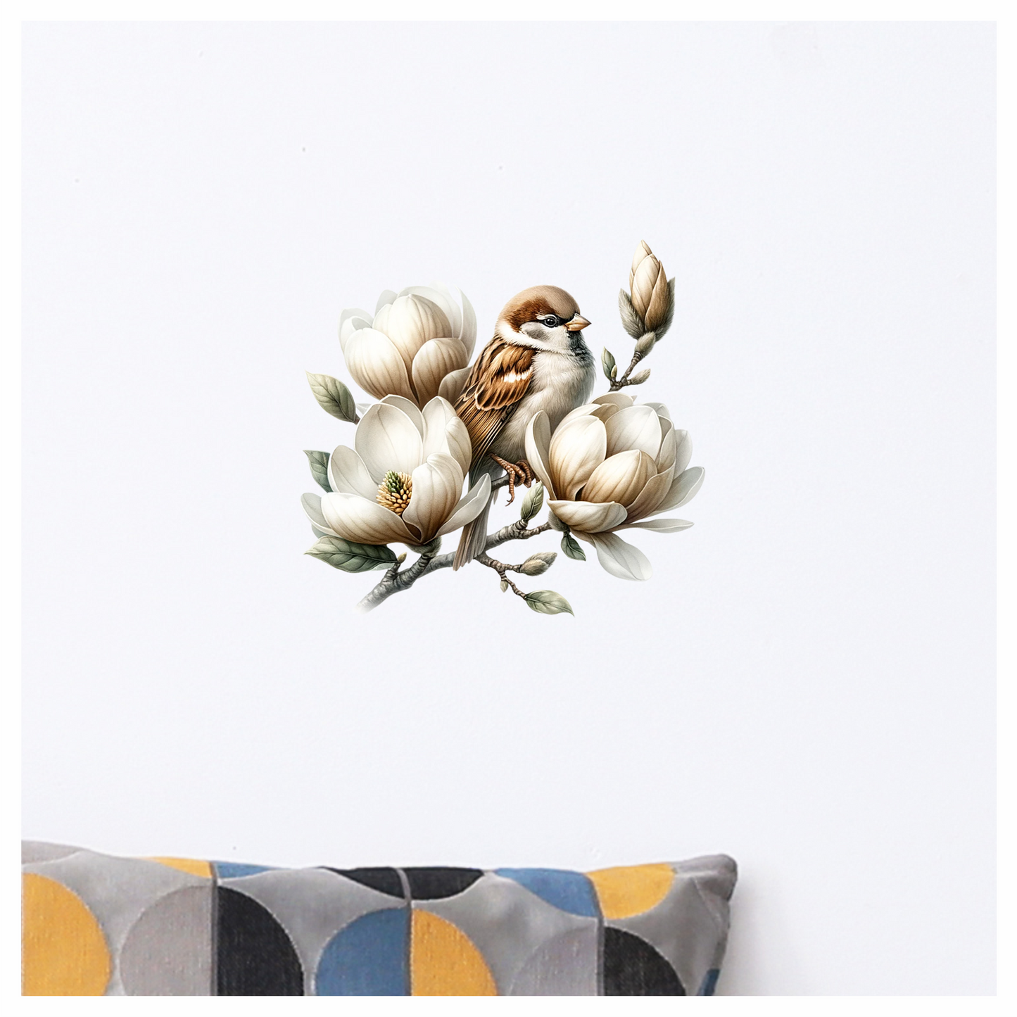 Brown Sparrow Bird With White Flowers Vinyl Sticker Decal