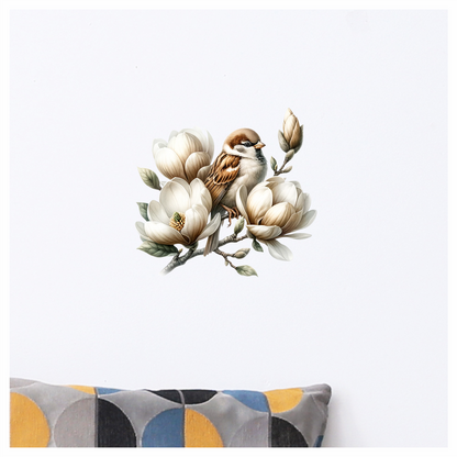 Brown Sparrow Bird With White Flowers Vinyl Sticker Decal