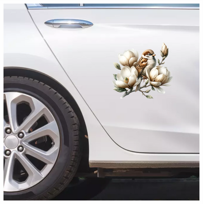 Brown Sparrow Bird With White Flowers Vinyl Sticker Decal