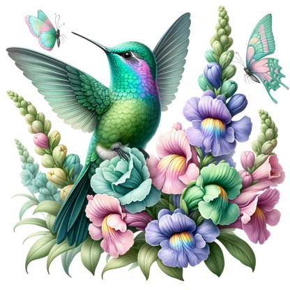Green Hummingbird Bird With Colorful Flowers Vinyl Sticker Decal