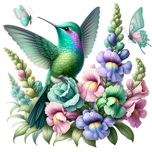 Green Hummingbird Bird With Colorful Flowers Vinyl Sticker Decal