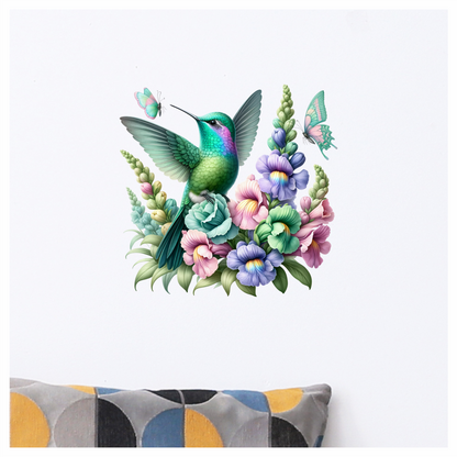 Green Hummingbird Bird With Colorful Flowers Vinyl Sticker Decal