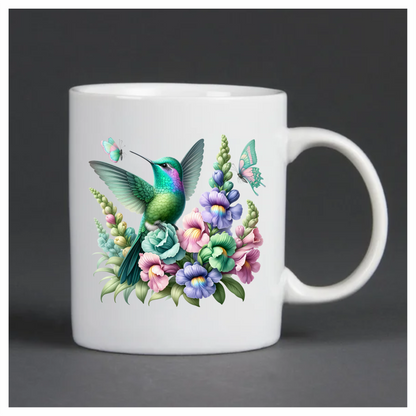 Green Hummingbird Bird With Colorful Flowers Vinyl Sticker Decal