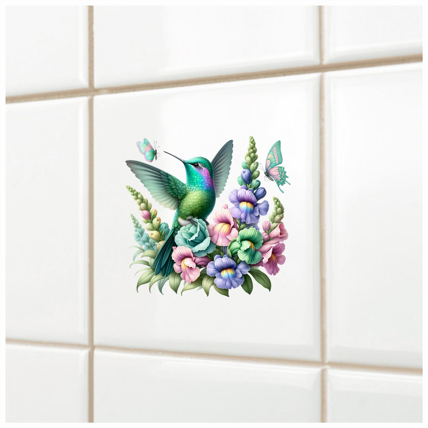 Green Hummingbird Bird With Colorful Flowers Vinyl Sticker Decal