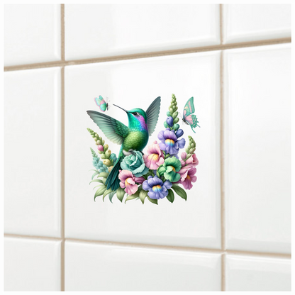 Green Hummingbird Bird With Colorful Flowers Vinyl Sticker Decal
