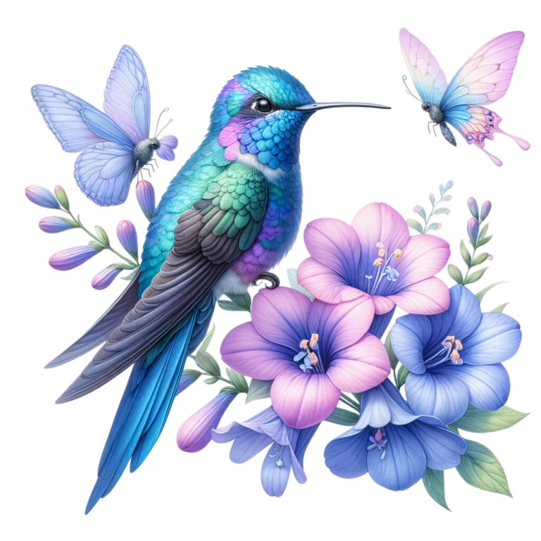 Blue Hummingbird Bird With Purple Flowers Vinyl Sticker Decal
