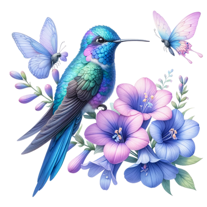 Blue Hummingbird Bird With Purple Flowers Vinyl Sticker Decal