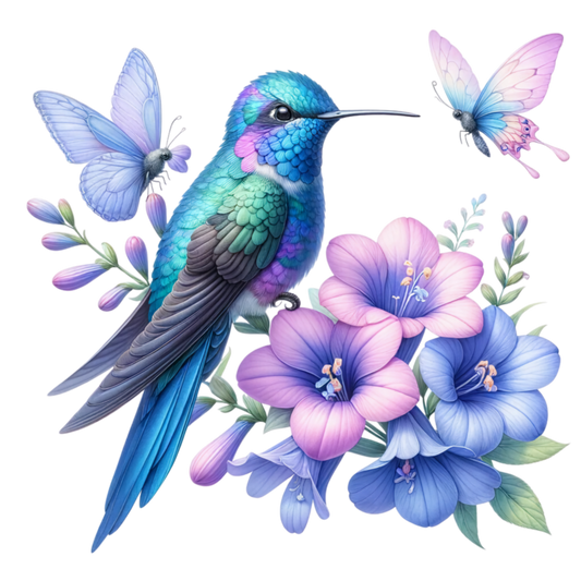 Blue Hummingbird Bird With Purple Flowers Vinyl Sticker Decal