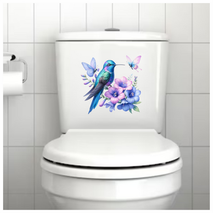 Blue Hummingbird Bird With Purple Flowers Vinyl Sticker Decal