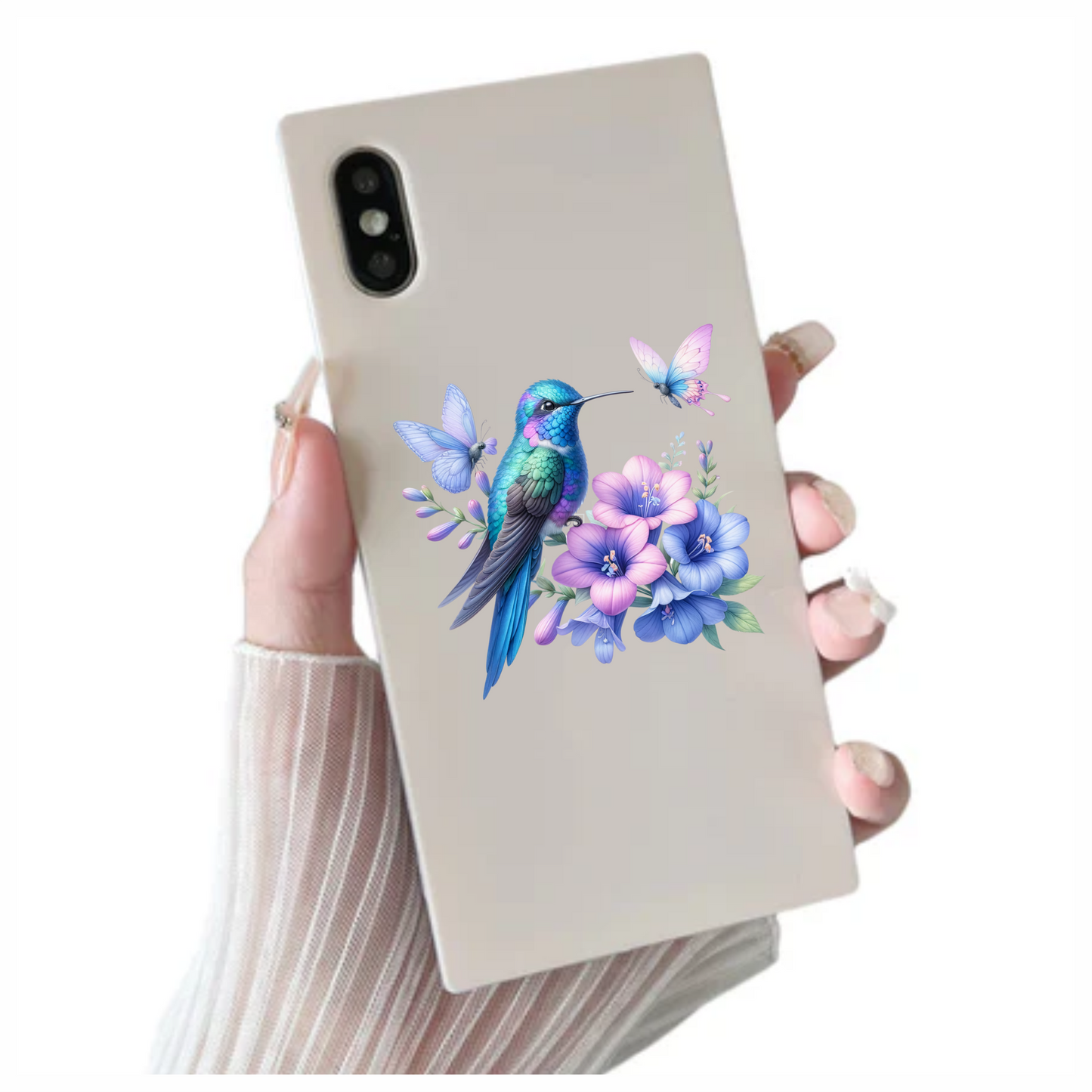 Blue Hummingbird Bird With Purple Flowers Vinyl Sticker Decal