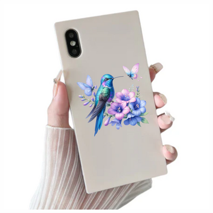 Blue Hummingbird Bird With Purple Flowers Vinyl Sticker Decal