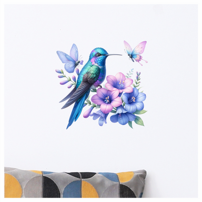 Blue Hummingbird Bird With Purple Flowers Vinyl Sticker Decal