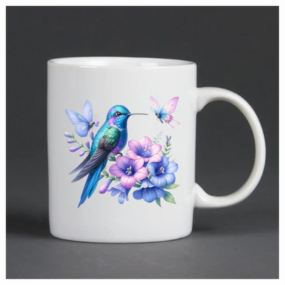 Blue Hummingbird Bird With Purple Flowers Vinyl Sticker Decal