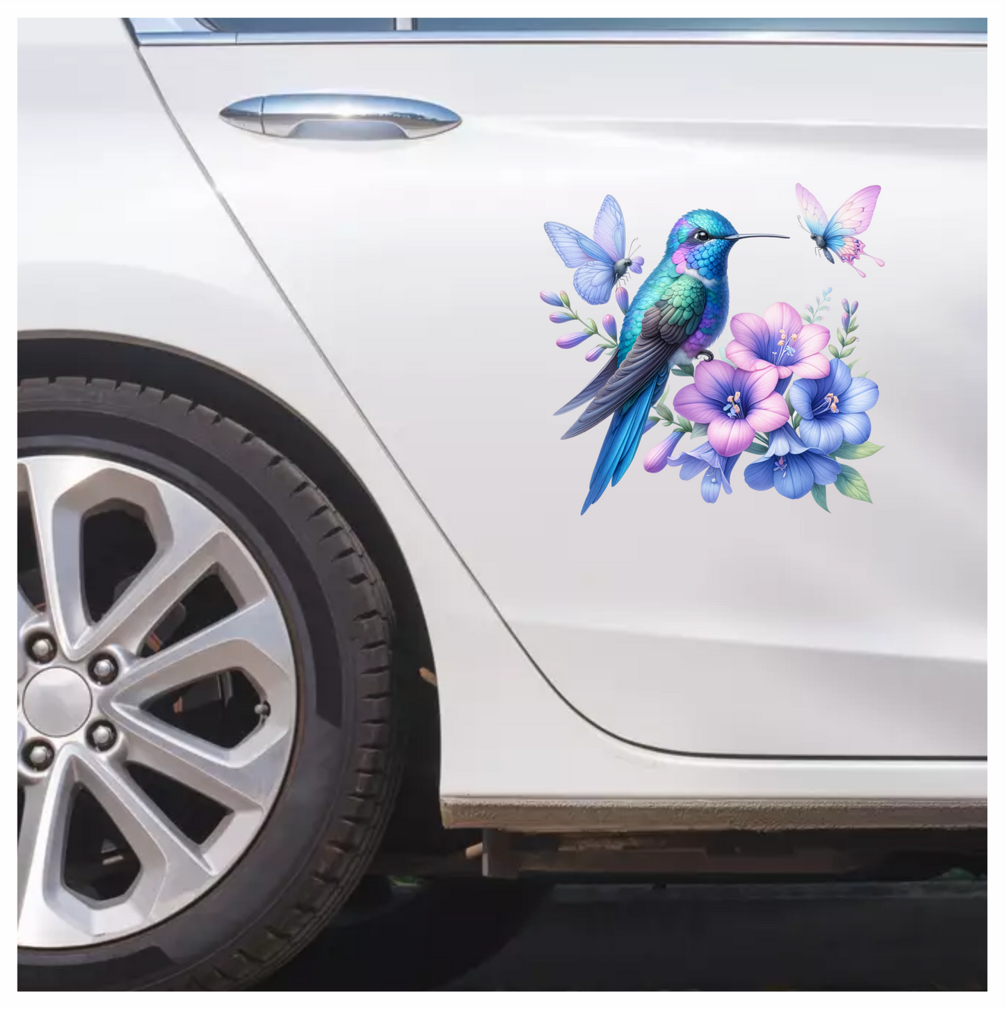Blue Hummingbird Bird With Purple Flowers Vinyl Sticker Decal