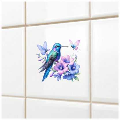Blue Hummingbird Bird With Purple Flowers Vinyl Sticker Decal