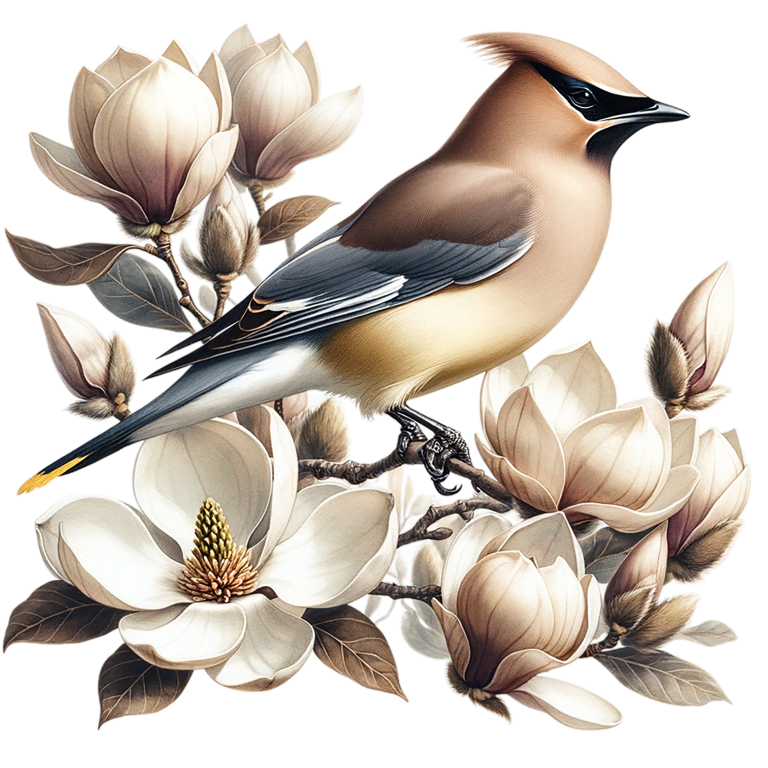 Brown Bird Magnolia Flowers Branch Vinyl Sticker Decal