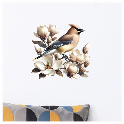 Brown Bird Magnolia Flowers Branch Vinyl Sticker Decal