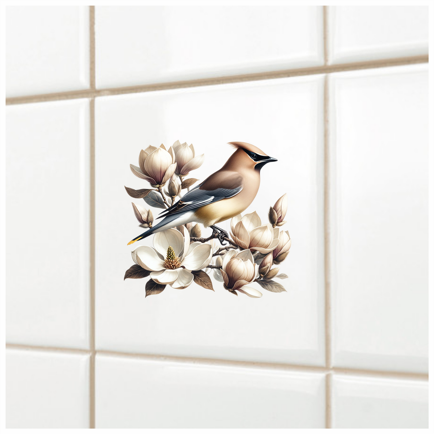 Brown Bird Magnolia Flowers Branch Vinyl Sticker Decal