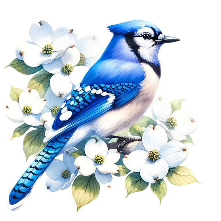 Blue Jay Bird With White Flowers Vinyl Sticker Decal