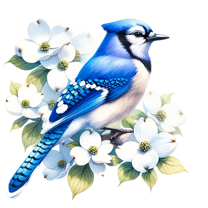 Blue Jay Bird With White Flowers Vinyl Sticker Decal