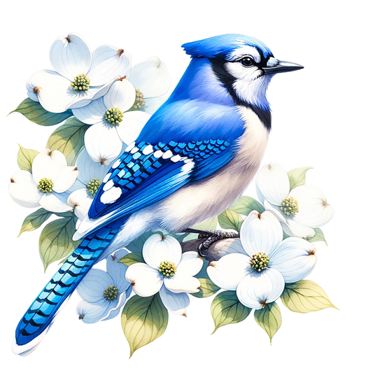 Blue Jay Bird With White Flowers Vinyl Sticker Decal