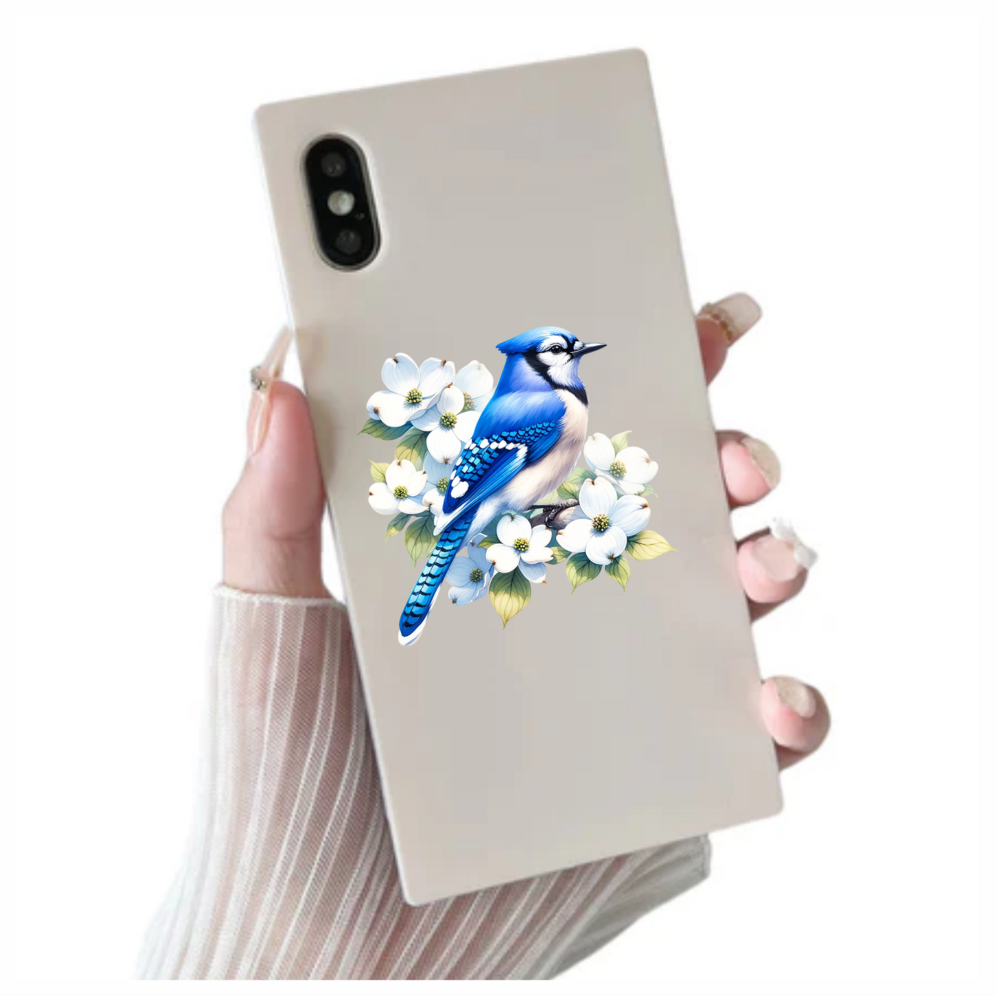 Blue Jay Bird With White Flowers Vinyl Sticker Decal