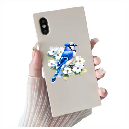 Blue Jay Bird With White Flowers Vinyl Sticker Decal