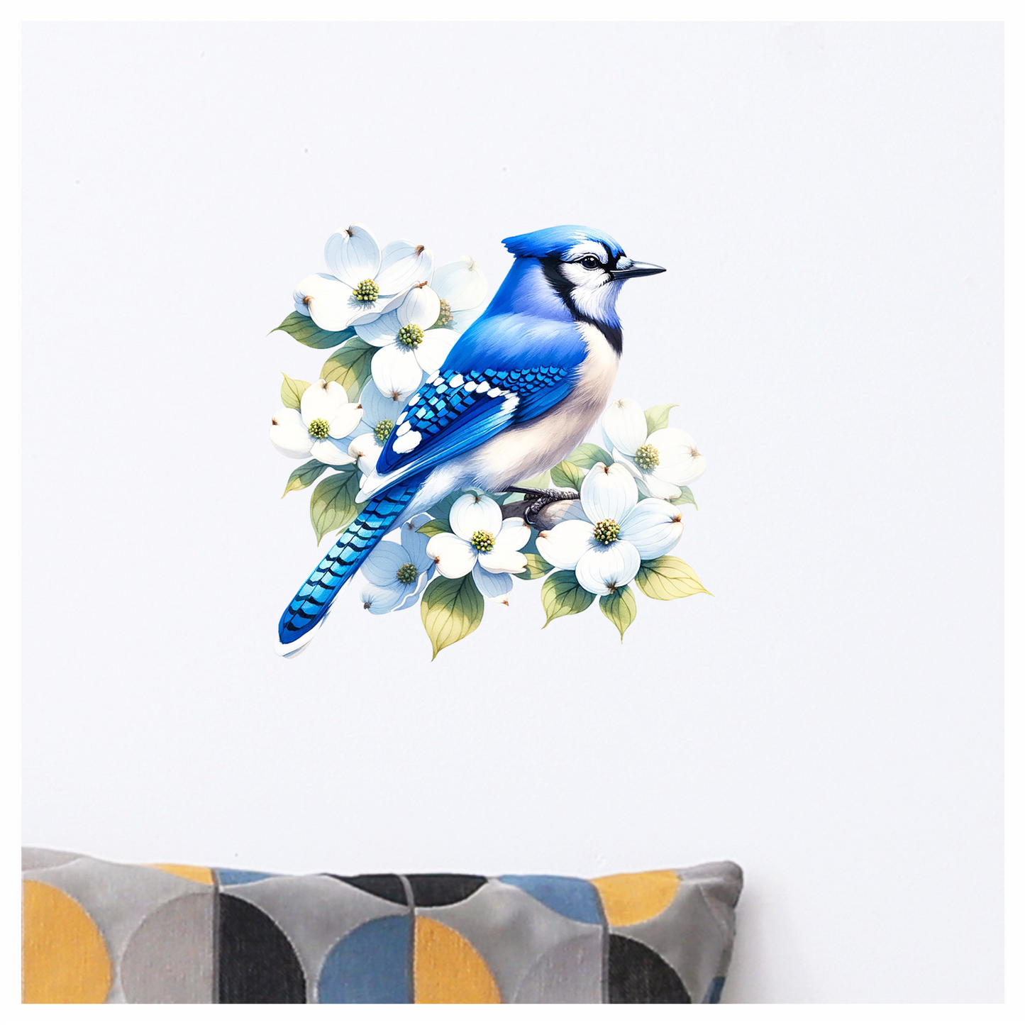 Blue Jay Bird With White Flowers Vinyl Sticker Decal
