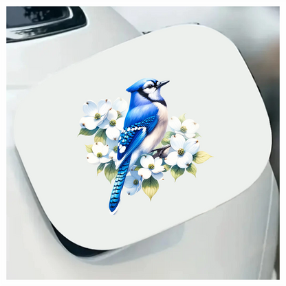 Blue Jay Bird With White Flowers Vinyl Sticker Decal