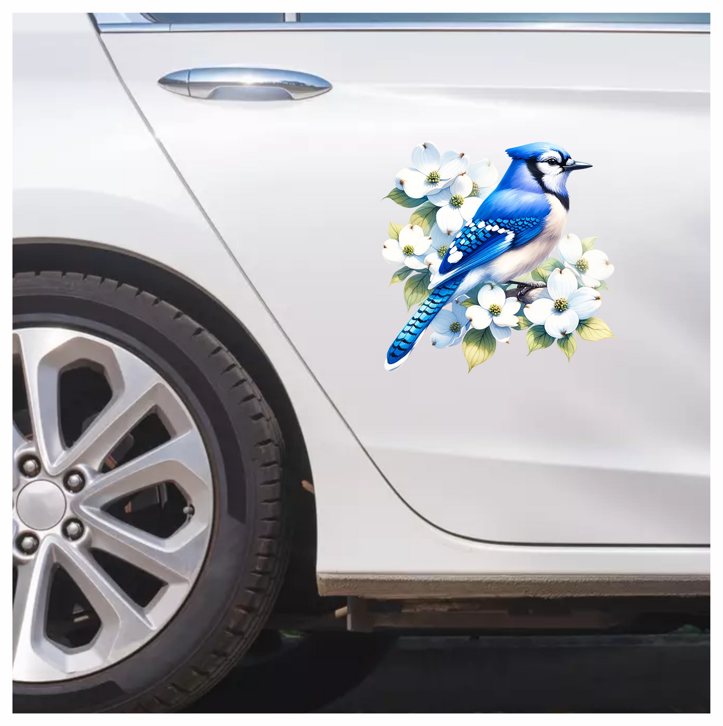 Blue Jay Bird With White Flowers Vinyl Sticker Decal