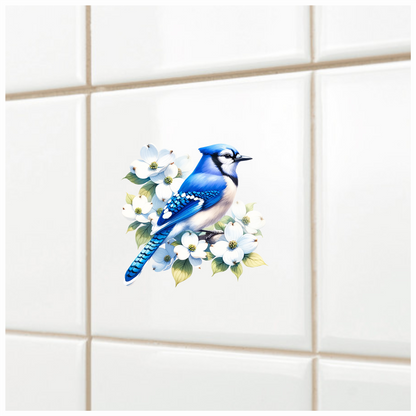 Blue Jay Bird With White Flowers Vinyl Sticker Decal