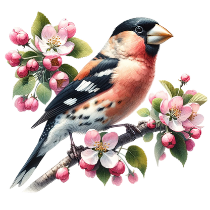 Orange Bullfinch Bird With Pink Flowers Vinyl Sticker Decal