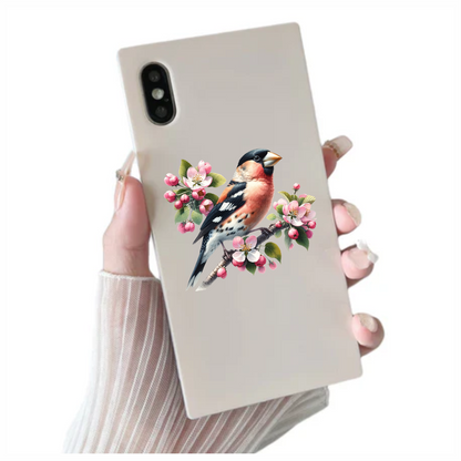 Orange Bullfinch Bird With Pink Flowers Vinyl Sticker Decal