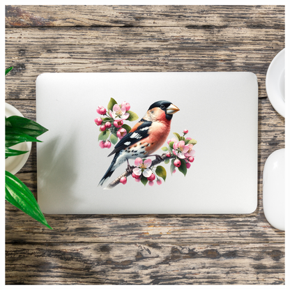 Orange Bullfinch Bird With Pink Flowers Vinyl Sticker Decal