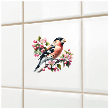 Orange Bullfinch Bird With Pink Flowers Vinyl Sticker Decal