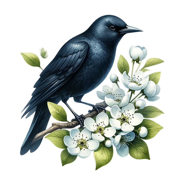 Black Crow Bird With White Flowers Vinyl Sticker Decal